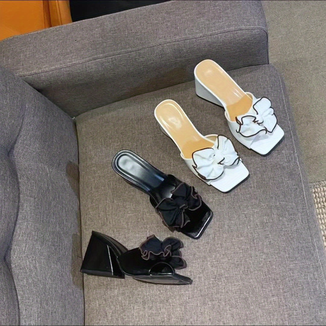 New Summer 2025 Collection White/Black Chunky Heel Slingback Sandals for Women - Bow Square Toe Design, Stylish & Elegant All - Season Footwear, Versatile & Eye - Catching