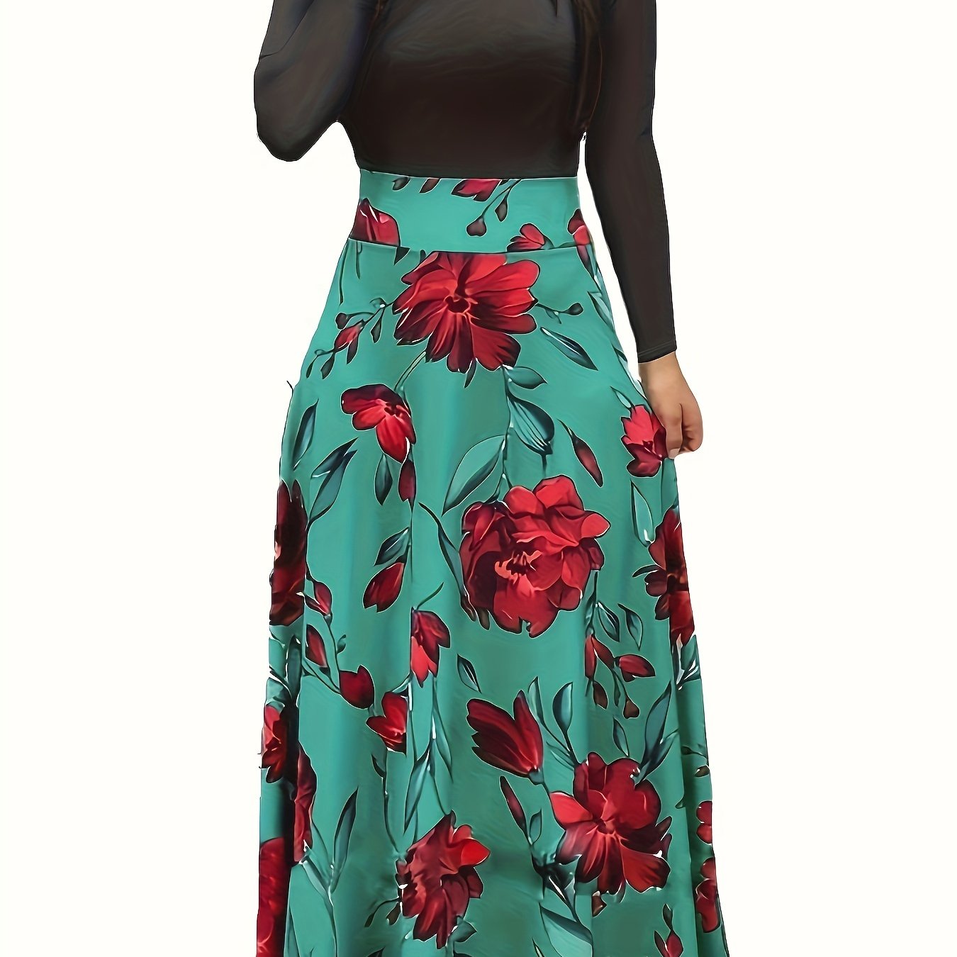 Stunning Floral Print Maxi Dress - Women's Elegant Long Sleeve Crew Neck Splicing Dress for Spring & Fall - Perfect for Various Occasions