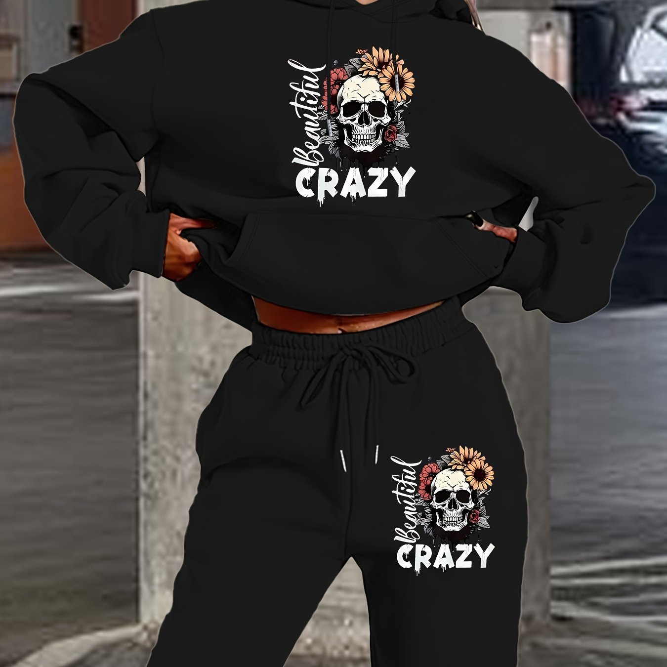 Women's 2024 New Skull Letter Print Hoodie and Pants Set, Casual Polyester Knit Sweatshirt with Drawstring Hood, Geometric Pattern, Pocket Detail, Autumn/Winter Fashion Outfit