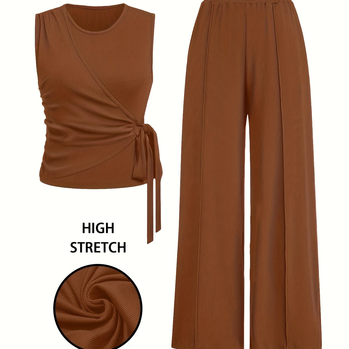 Elegant Women's Sleeveless Ribbed Top & Wide-Leg Pants Set – Bow Detail, Stretchy Knit Two-Piece Outfit for Spring/Summer
