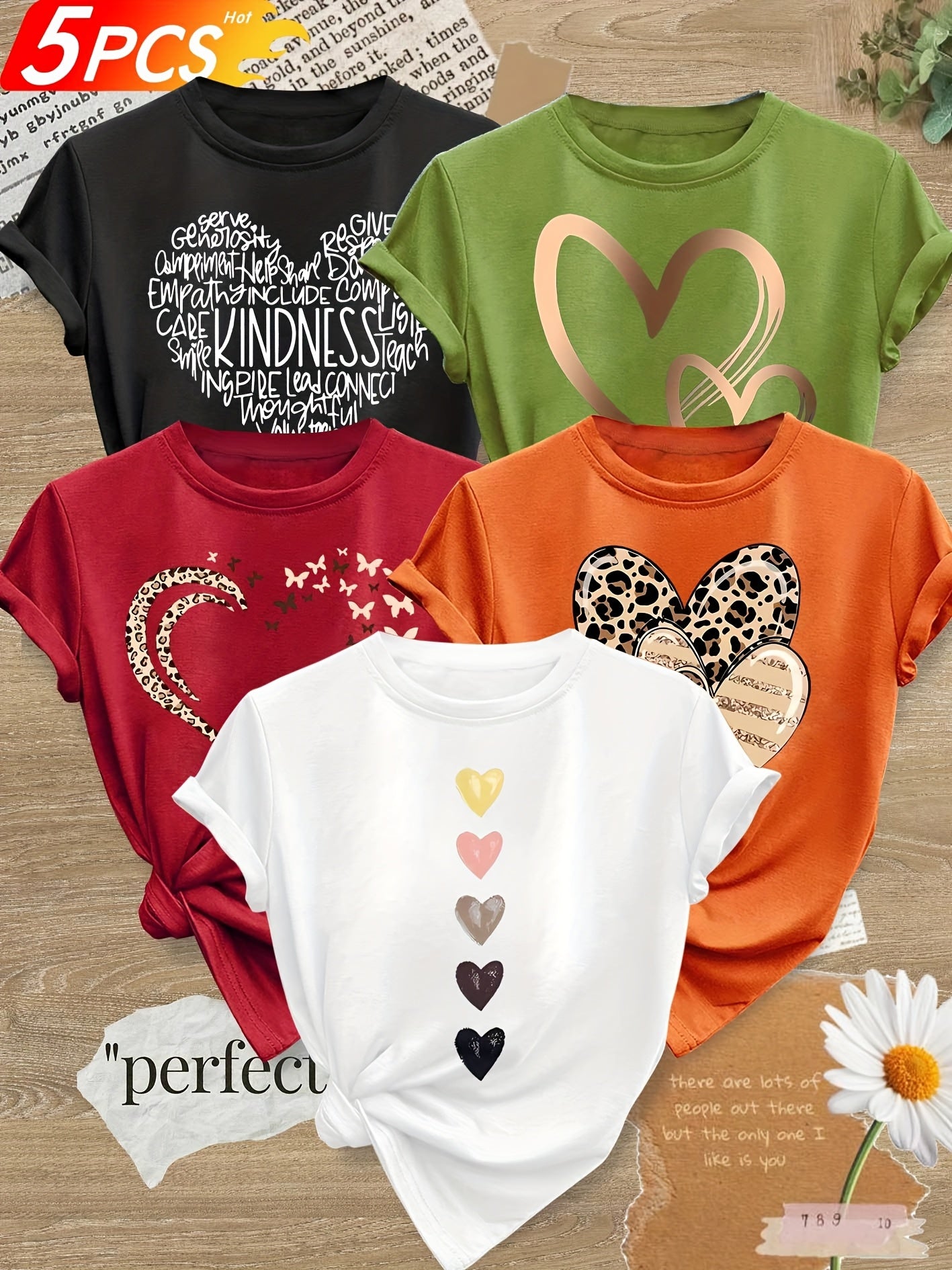 5pcs Women'S Casual T-Shirts with Heart & Leopard Print, Round Neck Short Sleeve Tops for Spring & Fall, Medium Stretch Fabric, Multiple Colors Available (S-XXL), Seasonal Fashion | Retro Style Tee | Comfortable Fit