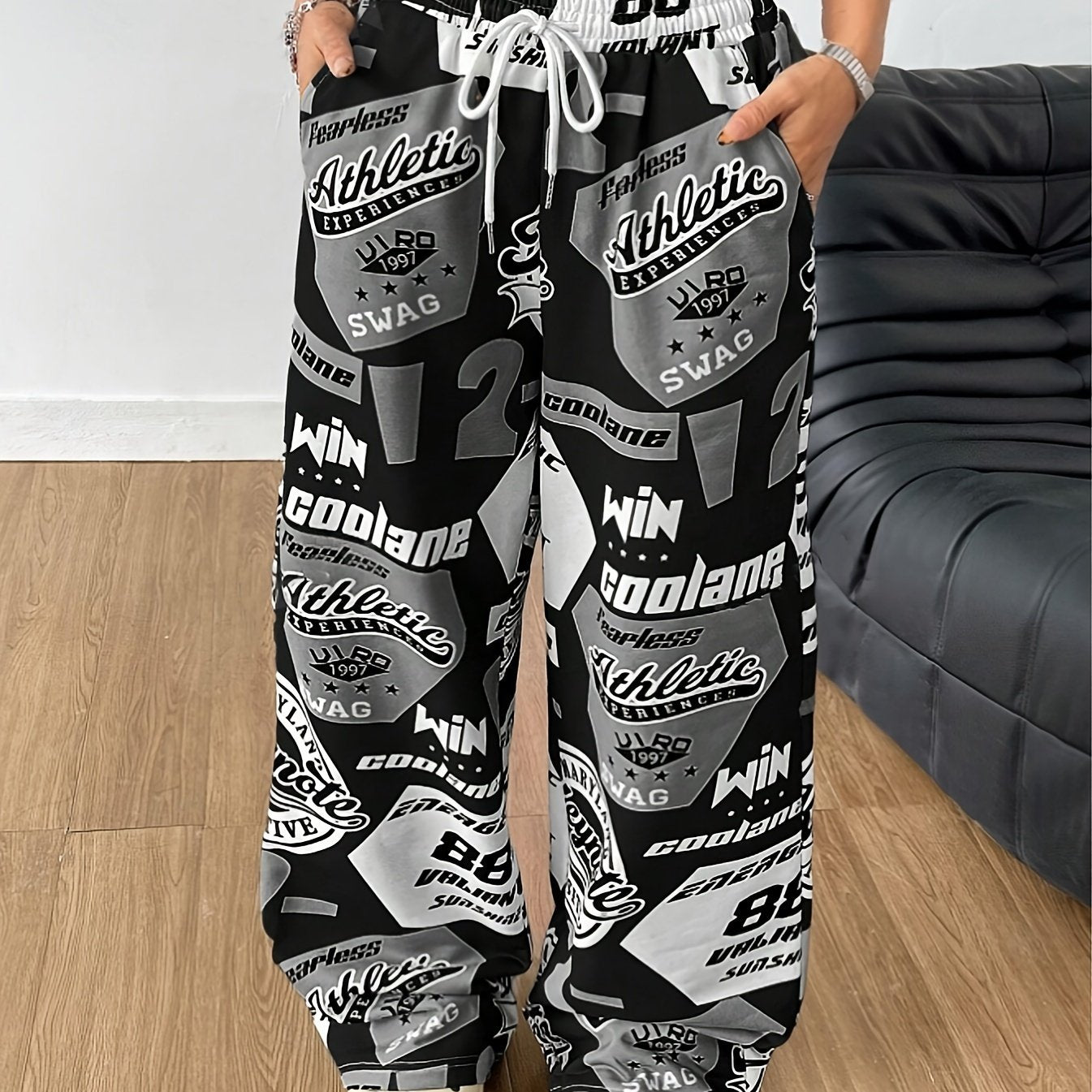 Women'S Y2K Style Wide Leg Pants, Polyester Knit with Letter Pattern, Loose Fit, Pocket Detail, Adult Size, Autumn/Winter Fashion, Casual Sweatpants