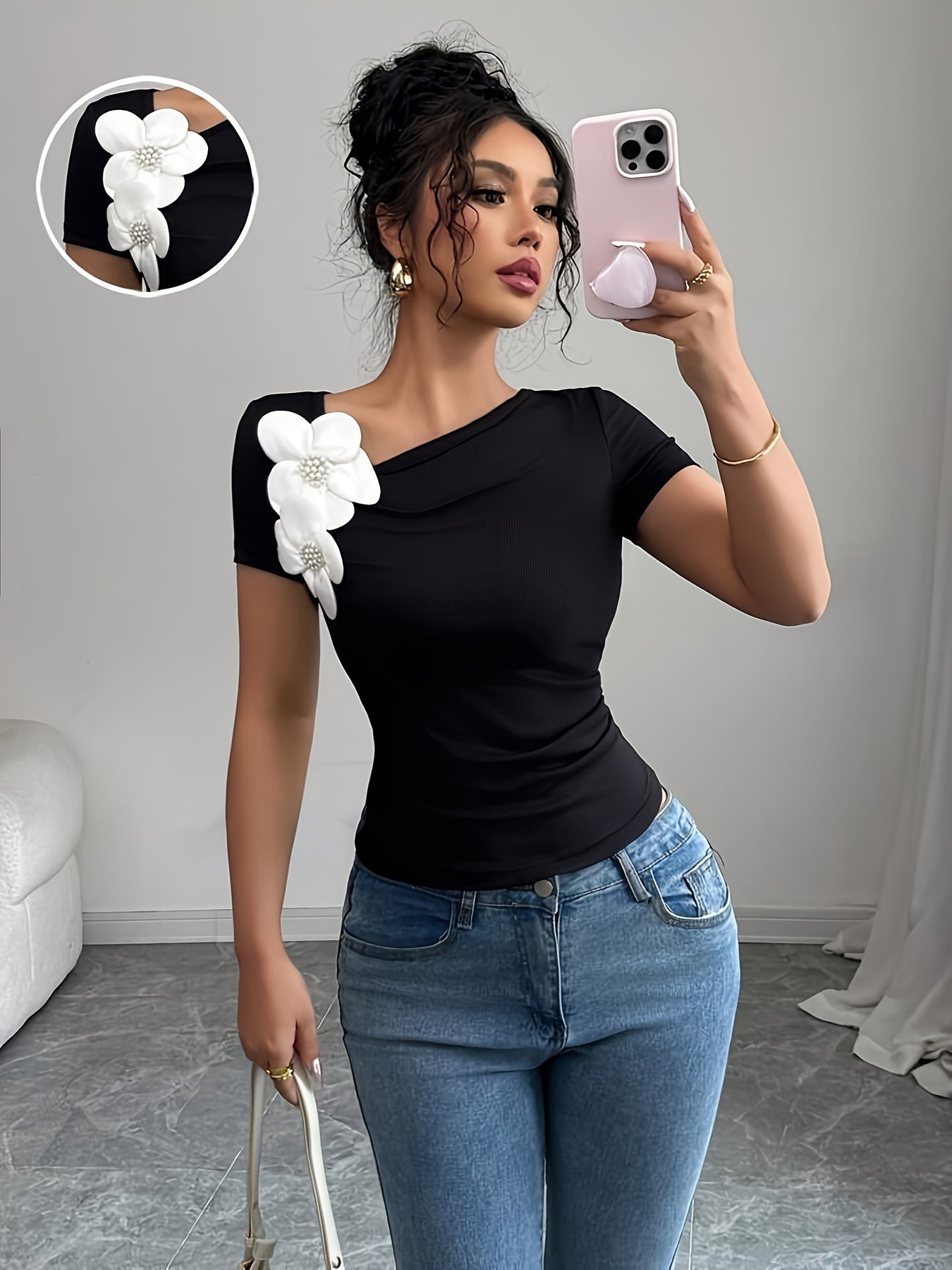 Women's Elegant 3D Floral Applique Knit Top - 100% Polyester, Medium Stretch, All-Season Versatile Black Shirt for Casual & Formal Outfits, Floral Print Blouse