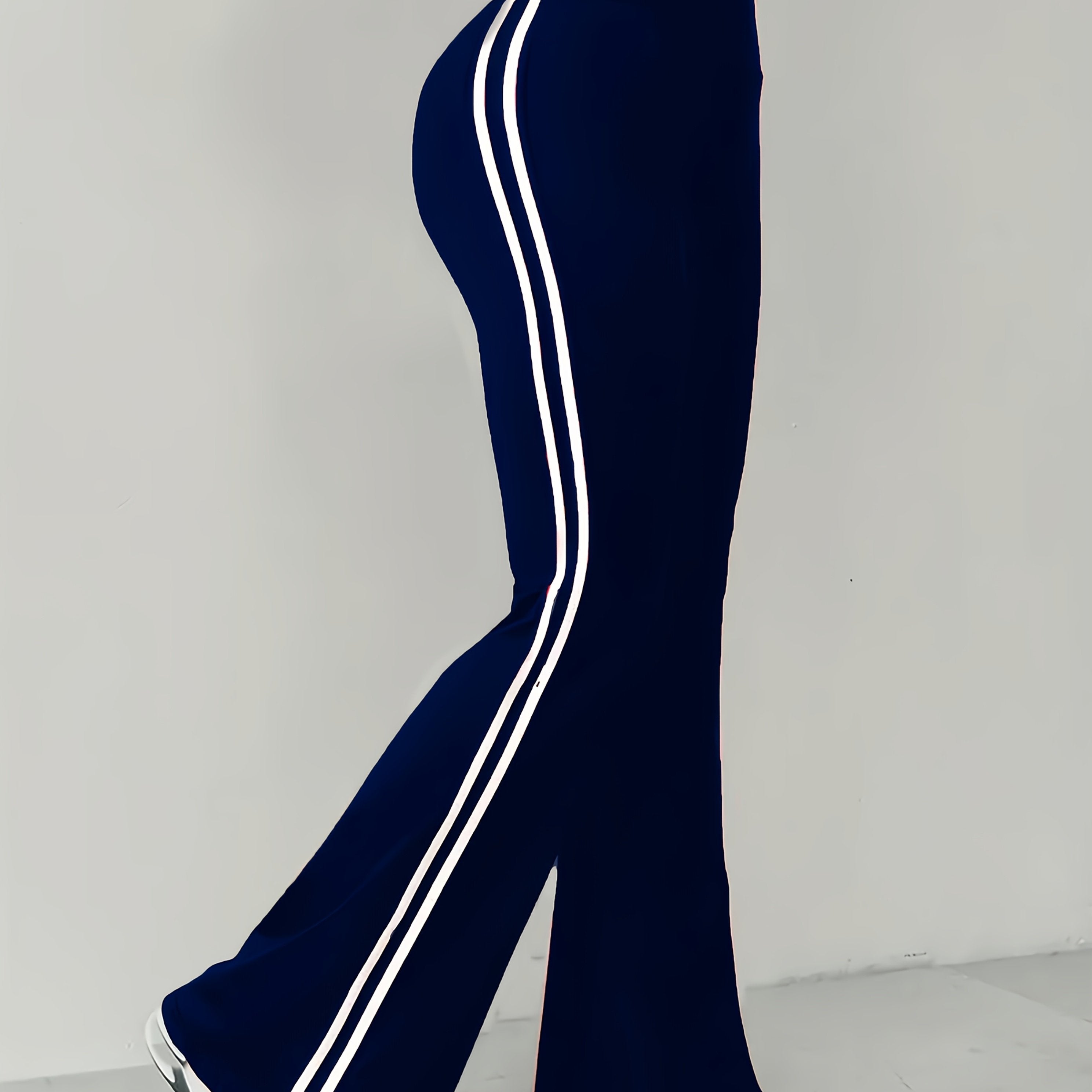 Women's High-Waist Tummy Control Maroon Flare Pants with White Stripe Detail - Stretchy Polyester/Elastane Blend, Machine Washable, Casual Sporty Bell Bottoms