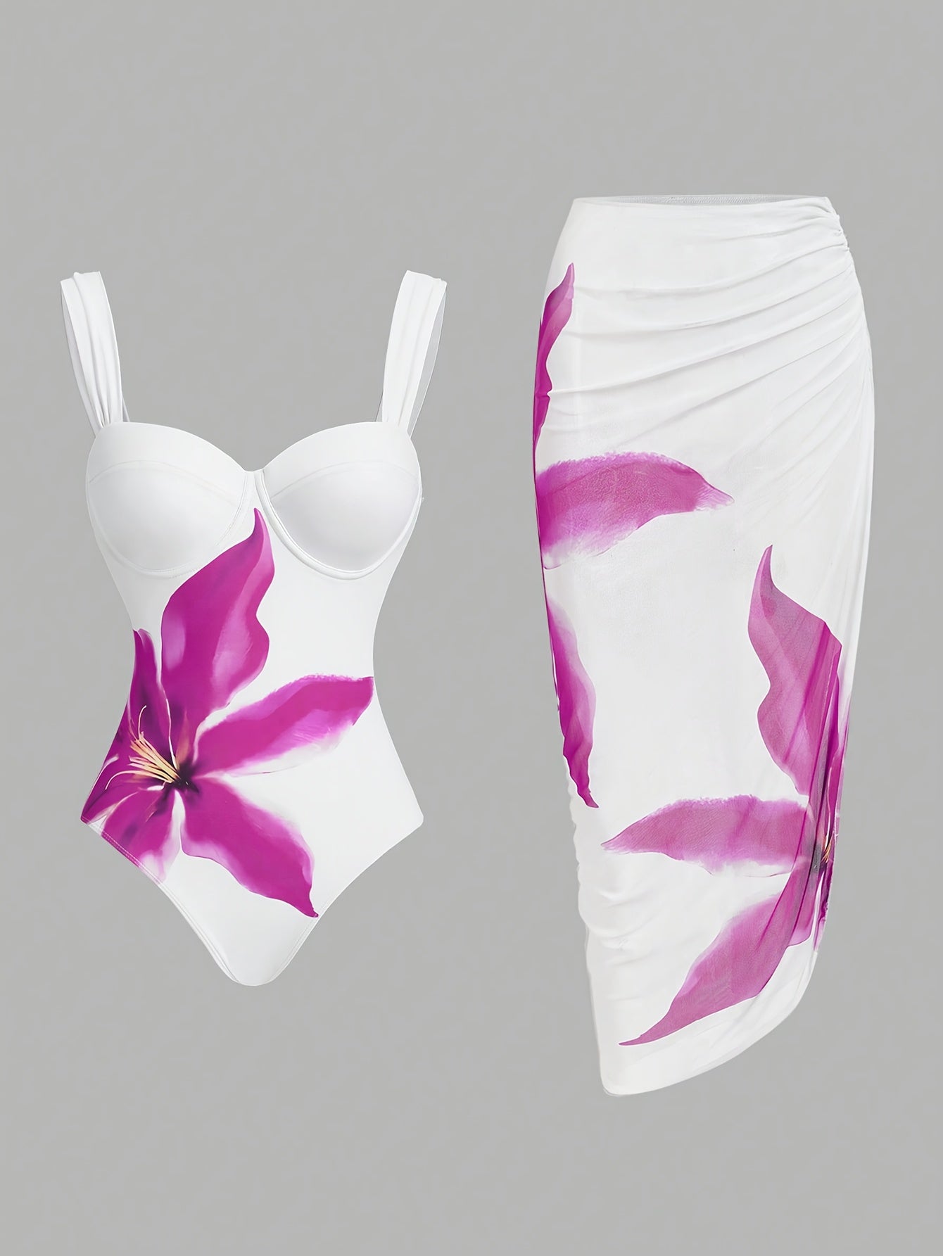 Two-piece Set of Fashionable Women's Floral Print Bodycon One-Piece Swimsuit with Mesh Halter