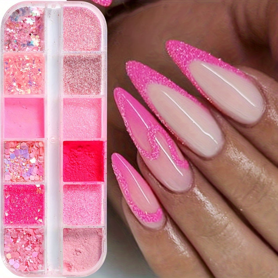 FULL BEAUTY 12 Grids Pink Glitter Nail Flakes, Holographic Hexagon Irregular Sequins, Sliced Sparkly Crystal Pigment Powder for Manicure Decoration, Hypoallergenic Rectangle Shape, Nail Charms