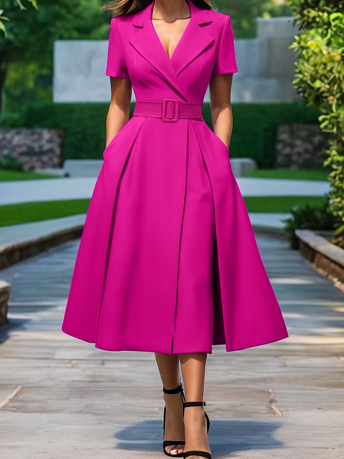 Women's Elegant Short Sleeve A-Line Dress with Adjustable Waist Tie - Vibrant Pink Solid Color, Machine Washable Summer Office & Casual Wear, Versatile Commuter Dress, Nontransparent Fabric
