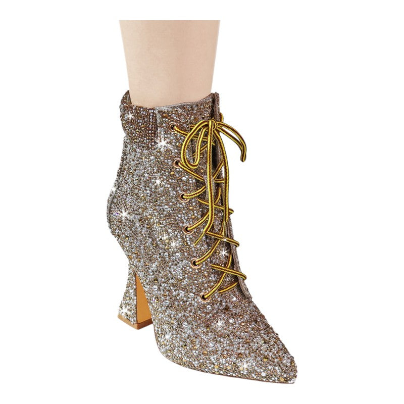 Women's Rhinestone Block Chunky Heel Lace up Ankle Bootie