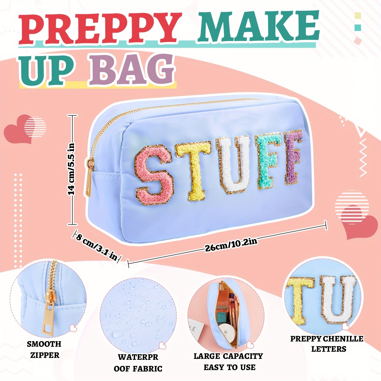Shinylin 2pcs Preppy Chenille Letter Duffle Bag And Makeup Pouch, Travel Tote Bag Cosmetic Zipper Patch Makeup Bag (Blue)