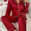 Simple Solid Satin Lounge Set, Long Sleeve Buttons Lapel Top & Elastic Pants, Women's Loungewear