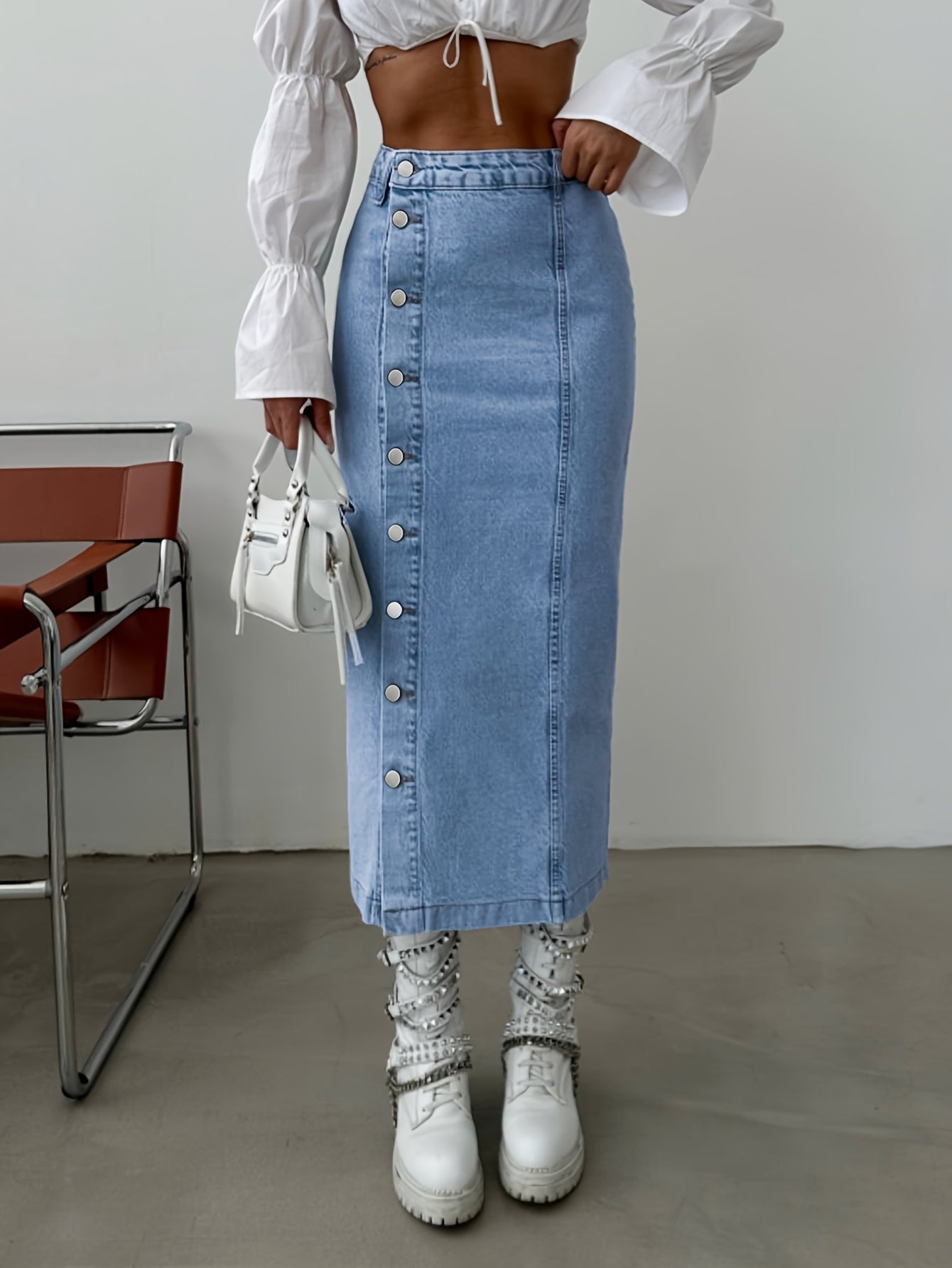 1pc NVFelix Women'S Casual Denim Midi Skirt, Front Button Detail, Solid Color, Non-Stretch, Straight Cut, Woven Fabric, for Spring/Summer/Autumn