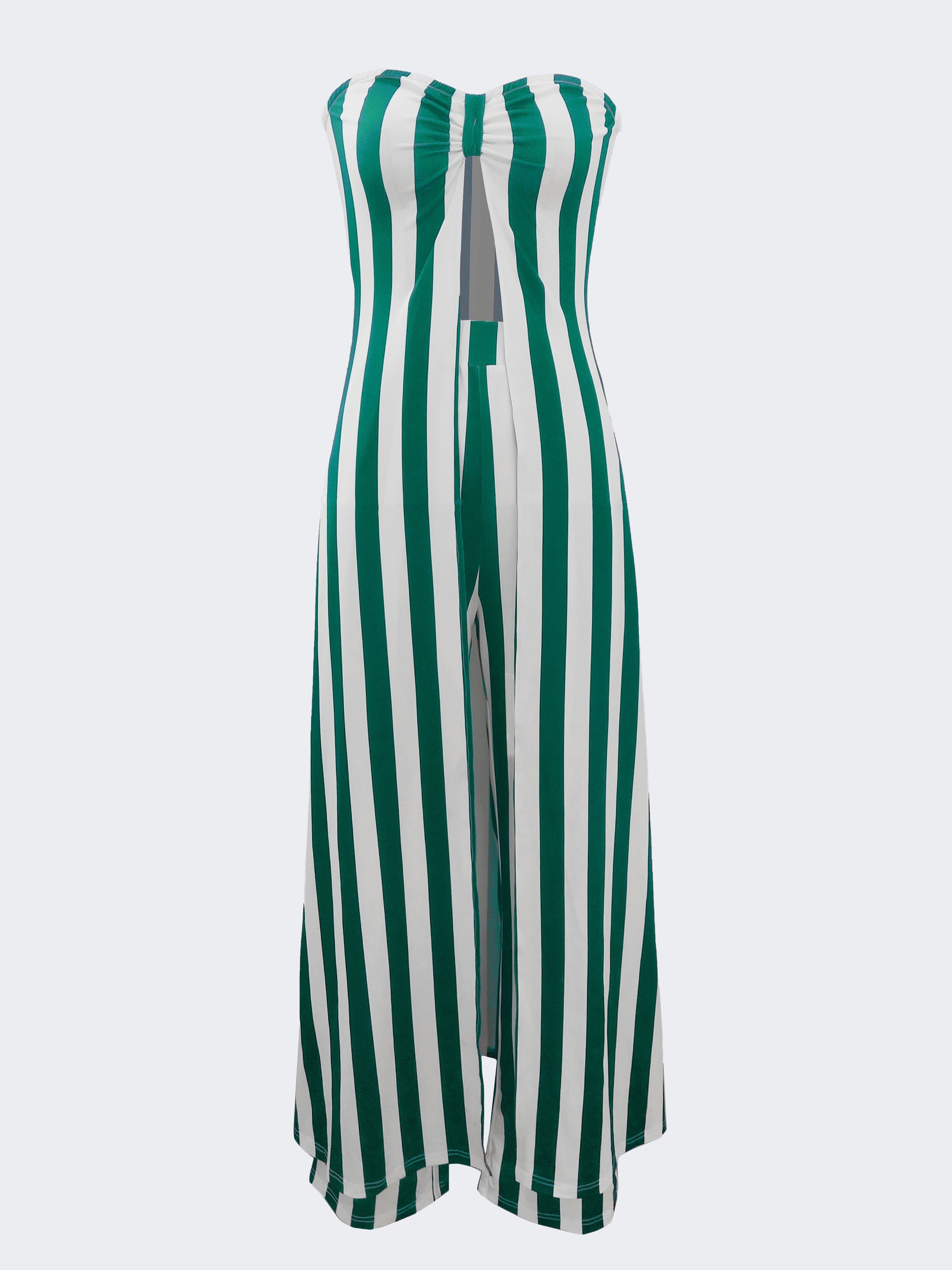 Casual Stripe Print Pants Set, Sweetheart Neck Split Hem Longline Tube Top & High Waist Flare Leg Pants Outfits, Women's Clothing