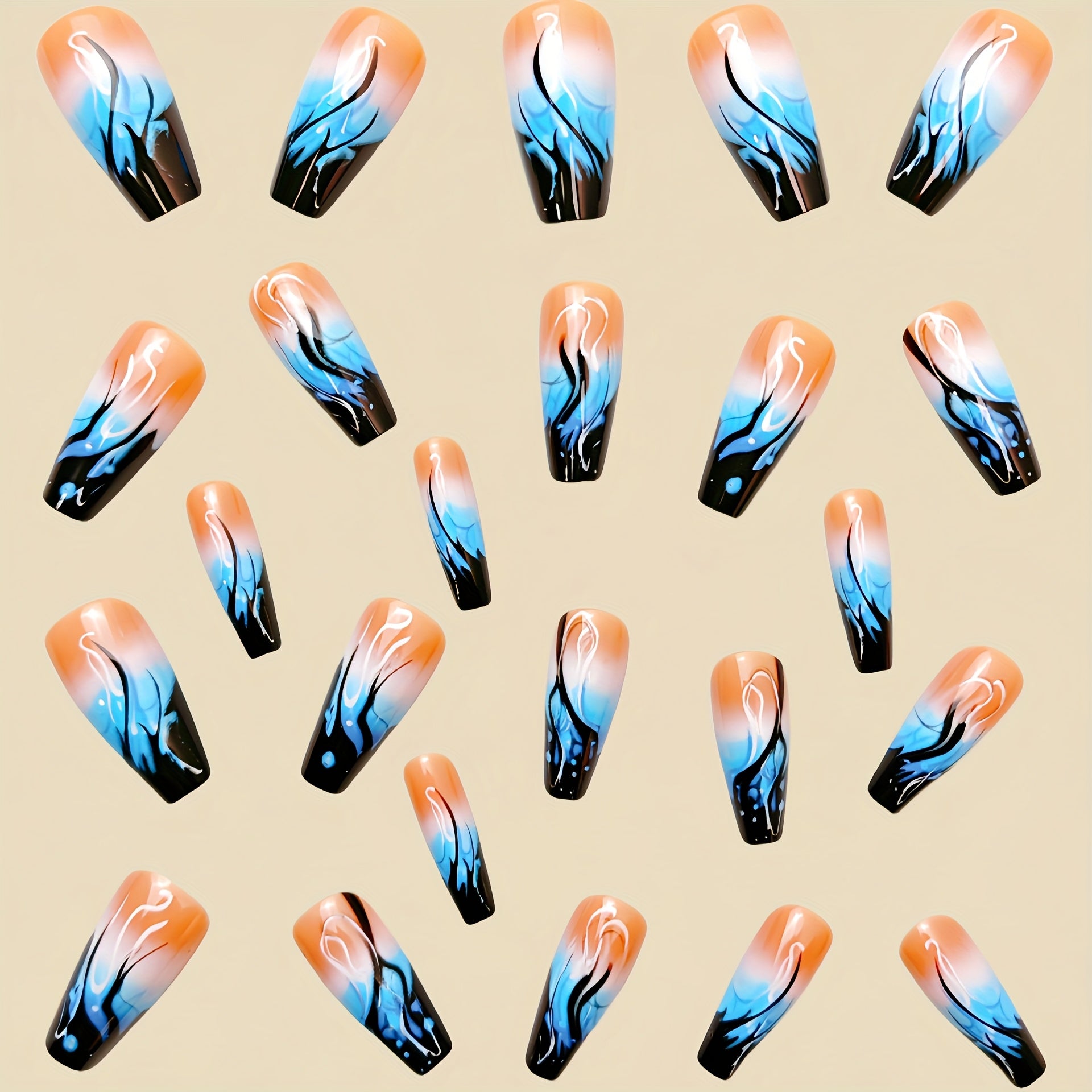 24pcs Bright Blue Gradient Flame Press-on Nails - Ballet Shape, Medium Length, Flame Design, Removable - Perfect Spring/Summer Fashion Choice