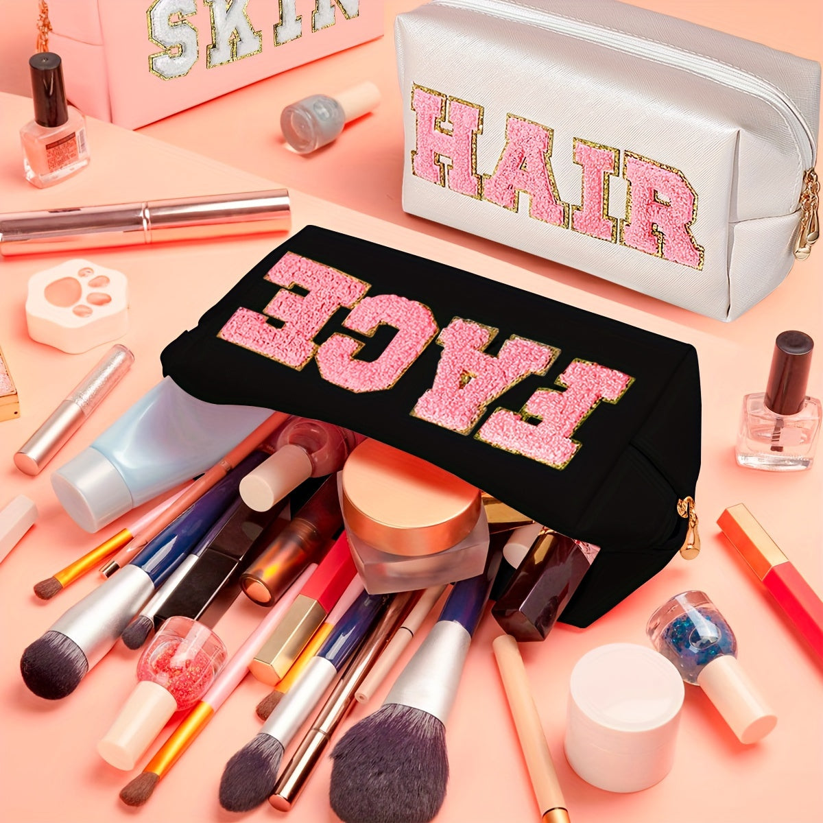 3pcs Letter Embroideried Makeup Bag, Toiletry Storage Bag with Zipper, Travel Organizer for Light Beige, Hair, And Face Care