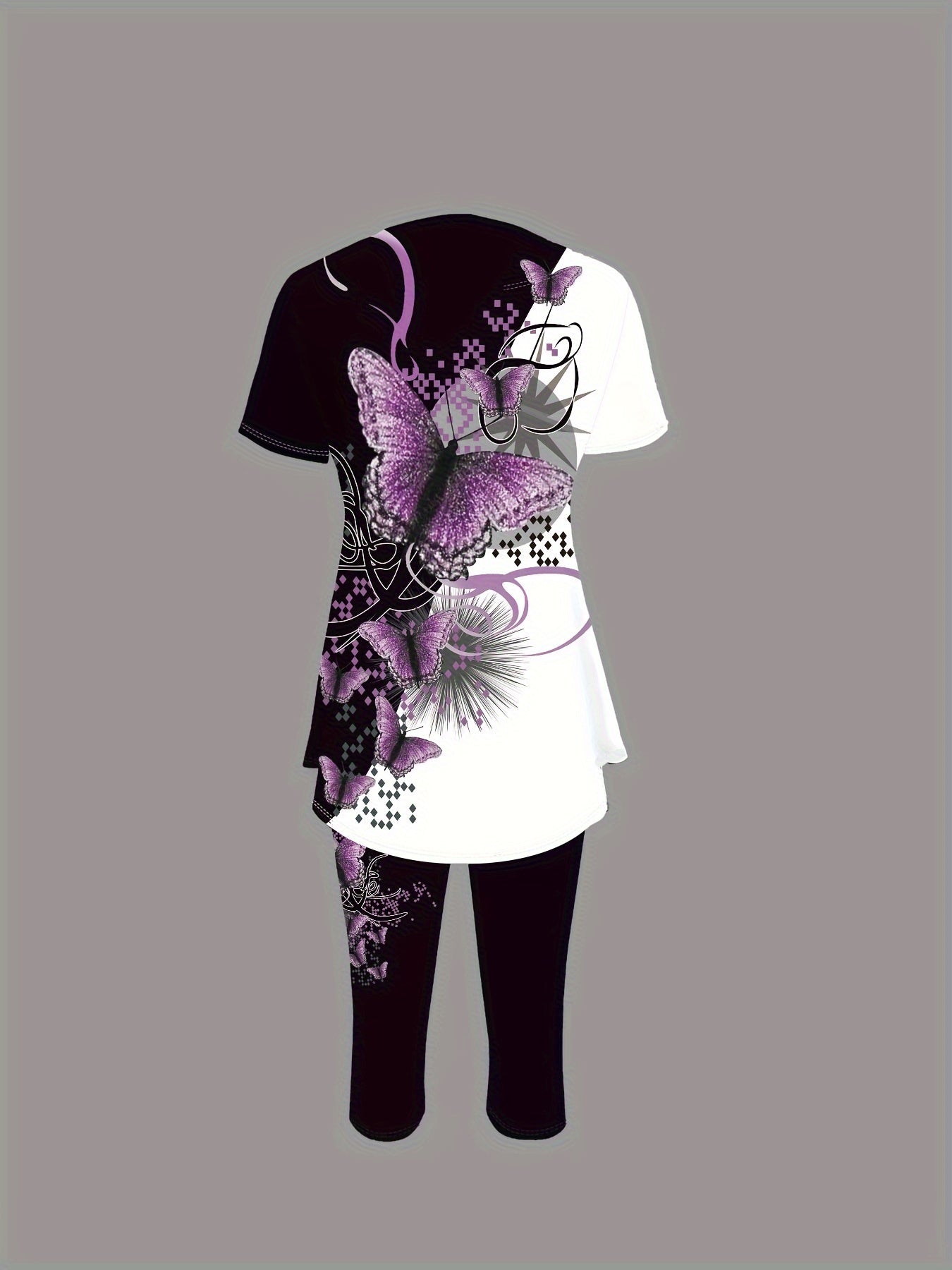 1set Women's Casual Butterfly Print Short Sleeve Top and Capri Pants Set, Polyester Knit Fabric, Crew Neck, All-Season Comfort Fit, European And American Style, Bottom Set, Leisure Style, ALL/Global/All