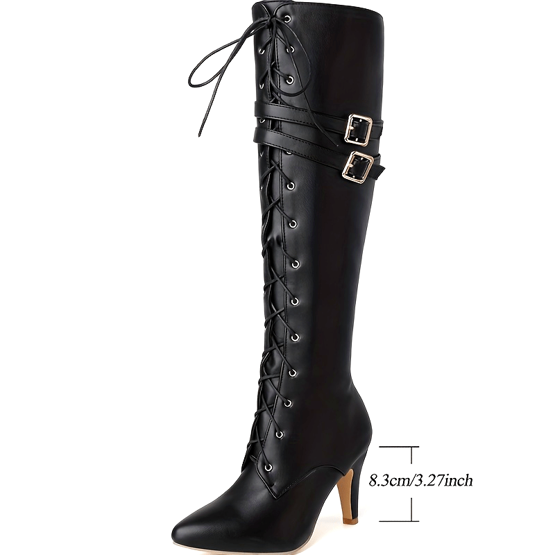 1pr Women'S Knee-High Boots - Solid Color, Pointed Toe, Flare Heel, Zipper, Man-Made Upper, Fabric Inner & Insole, Rubber Sole - Fashion High Heel Booties