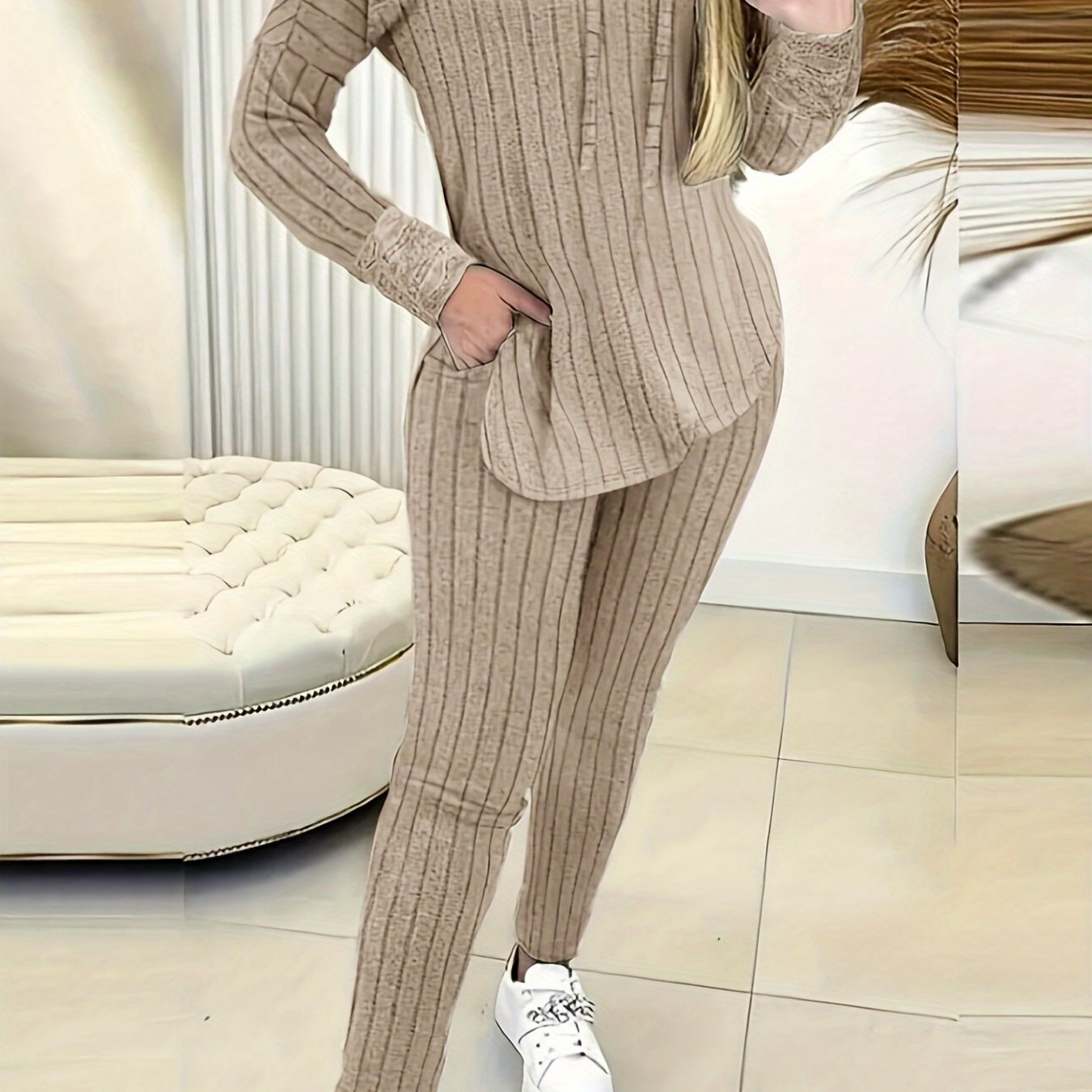 Ribbed Casual Two-piece Set, Long Sleeve Drawstring Hoodie & Slim Pants Outfits, Women's Clothing