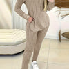 Ribbed Casual Two-piece Set, Long Sleeve Drawstring Hoodie & Slim Pants Outfits, Women's Clothing