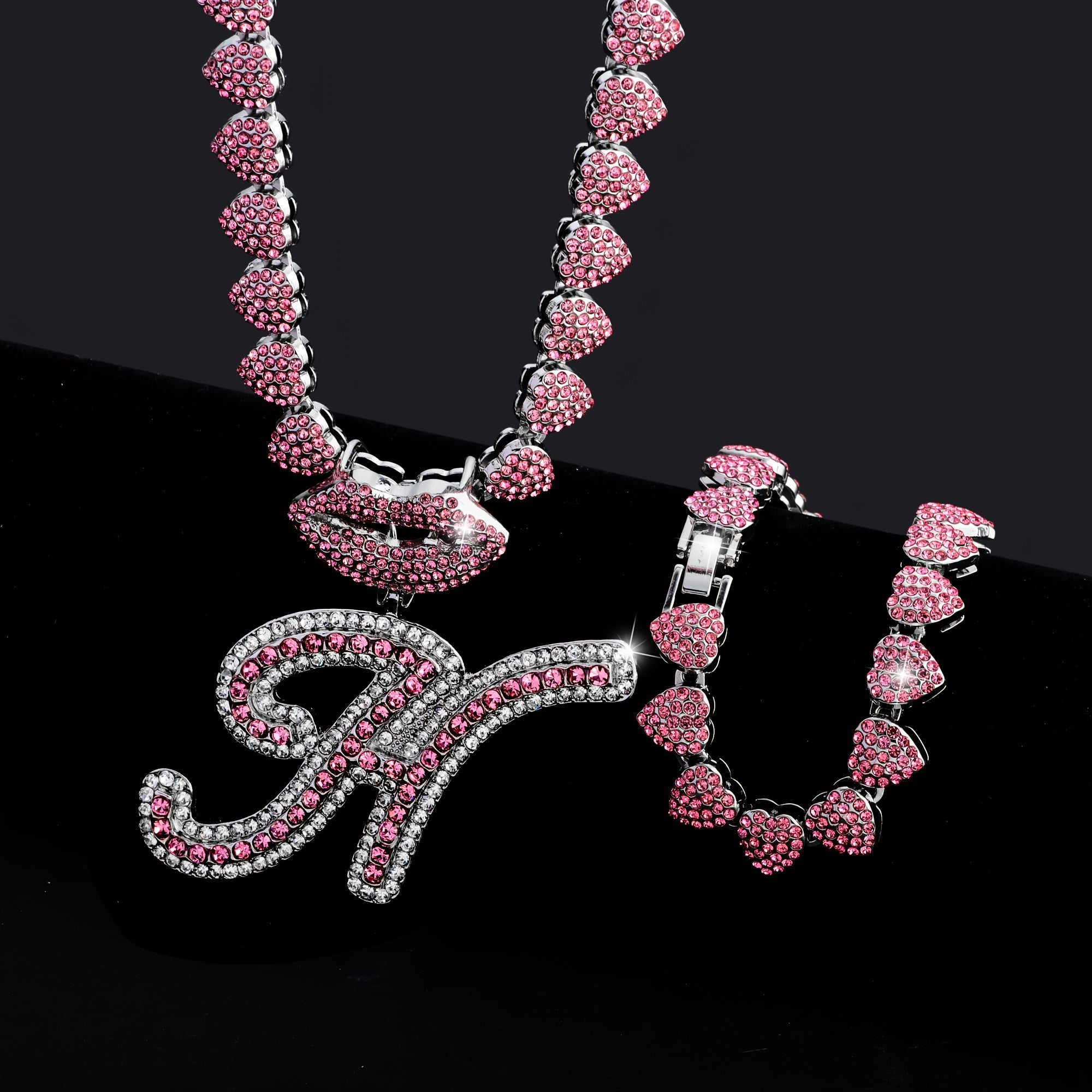 Hip Hop Y2K Style Pink Sexy Lips Pendant Necklace and Bracelet Set, A-Z Initials, Rhinestone Inlay, Zinc Alloy, Perfect for Daily Wear or Parties, Ideal Valentine's Day Gift for Men and Women, Hip Hop Jewelry