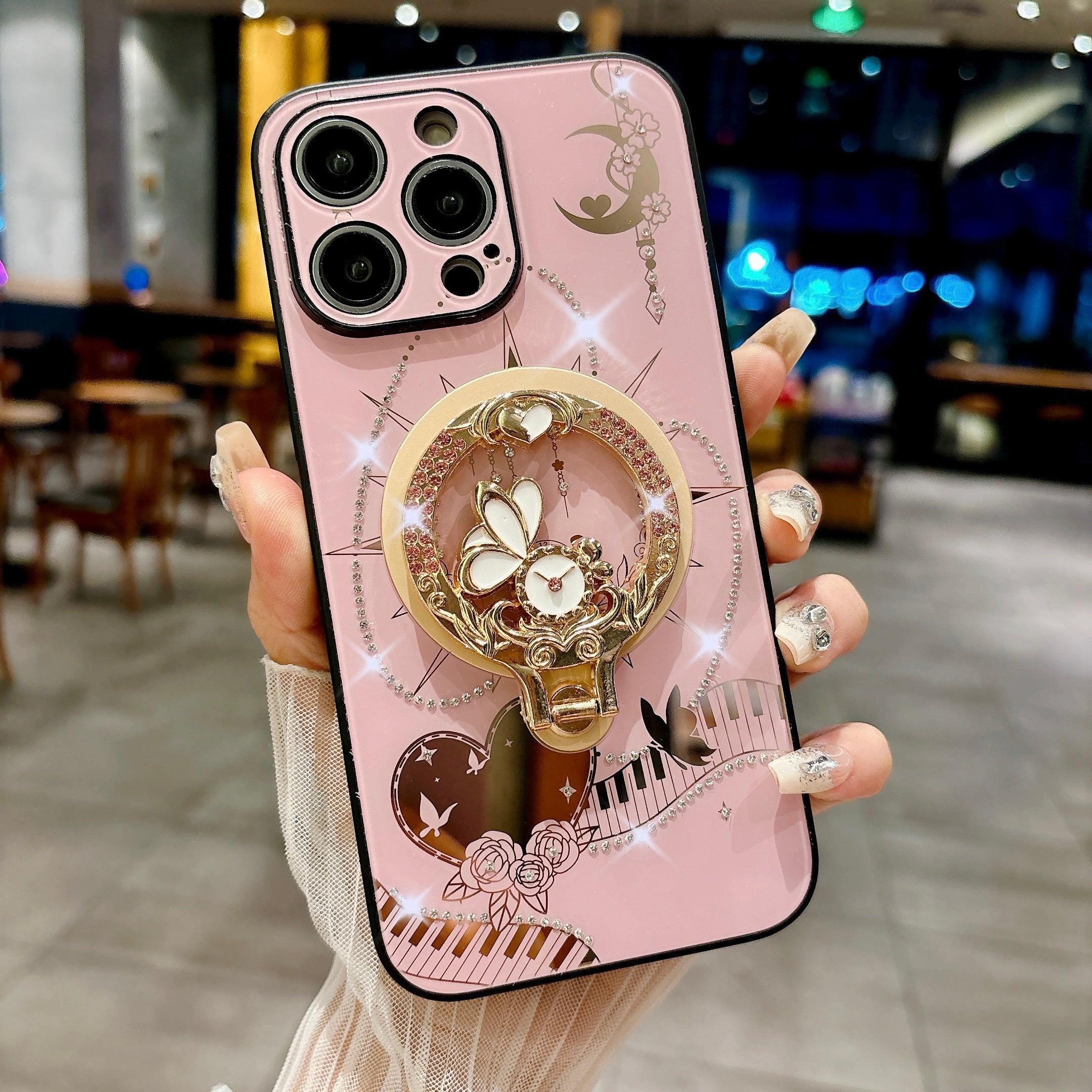 Magntic Luxury Bling Crystal Artificial Diamond Camera Suction Phone Case With Holder For iPhone 16 Promax/ 15 Pro max/14 Pro max/13 Promax Shockproof Protective Bumper Cover