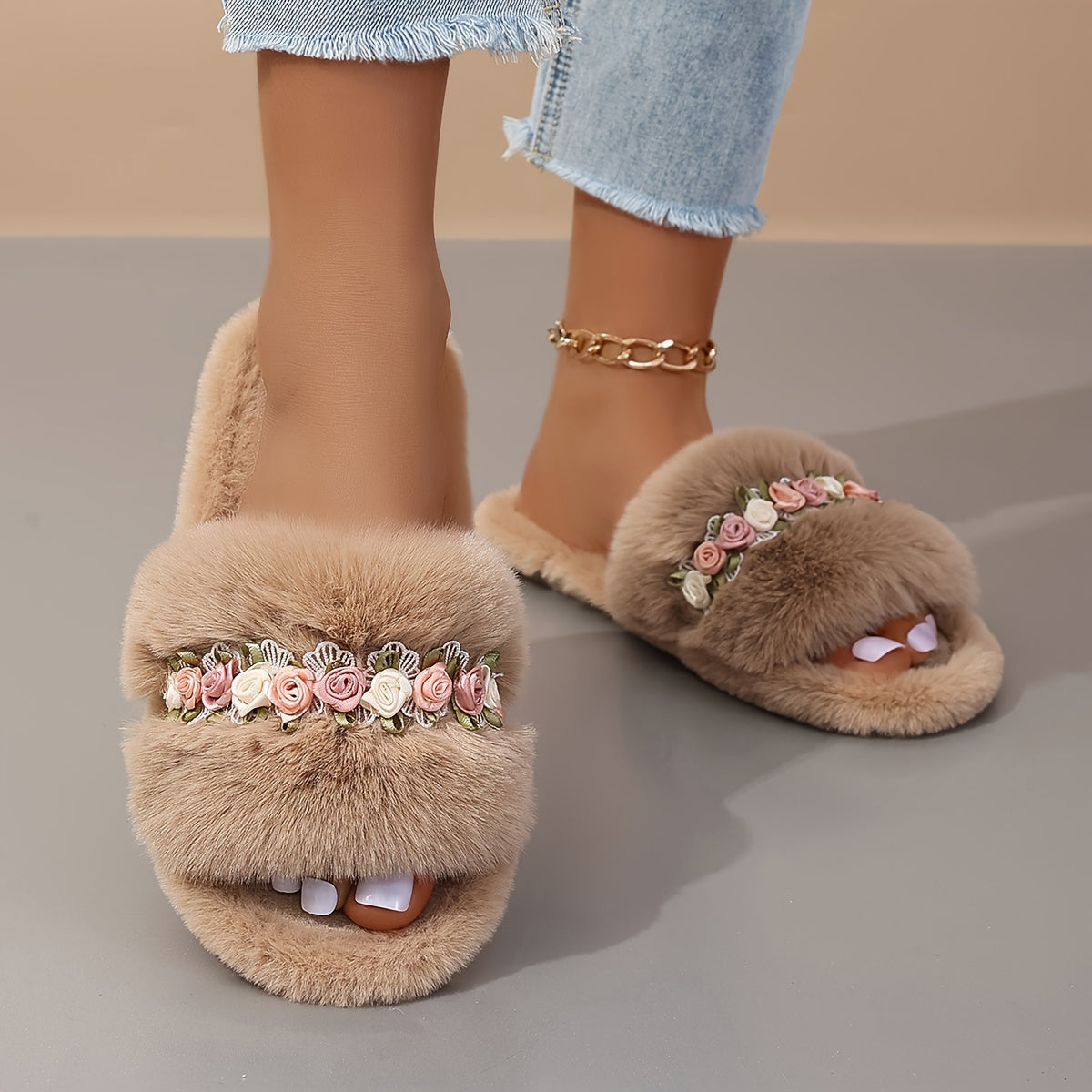 Flower Decor Fluffy Slippers, Casual Open Toe Plush Shoes, Comfortable Indoor Home Slippers
