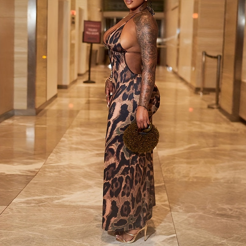 Women's Summer Halter Neck Leopard Print Long Dress with Hollow Detail - Polyester Blend Sheath Bodycon Maxi with Sleeveless Design for Evening Party