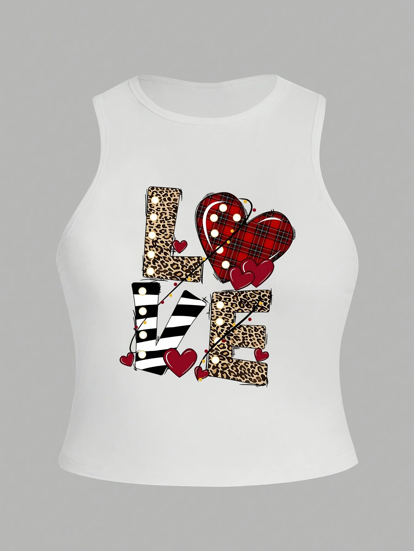 Women'S Casual Spring/Summer/Fall Knit Fabric Sleeveless Vest with Alphabet and Heart Print, No Padding, Crew Neck, Polyester