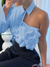 Women's Sexy Off-Shoulder Ruffled Blouse - Semi-Sheer Solid Color Top with Floral Accents, Machine Washable Spring/Summer Shirt for Casual & Formal Outfits