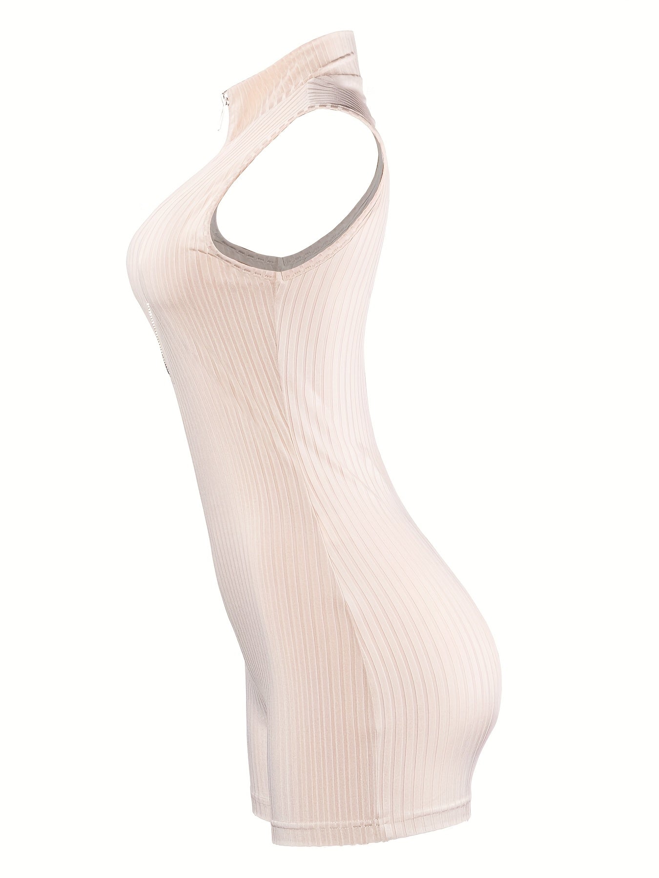 Women's Sexy Ribbed Sleeveless Zip-Up Romper - V-Neck, Stretchy Polyester Blend, Machine Washable, All-Season Bodycon Jumpsuit for Adults, Allseason Wear | Vneck Dress | Ribbed Texture