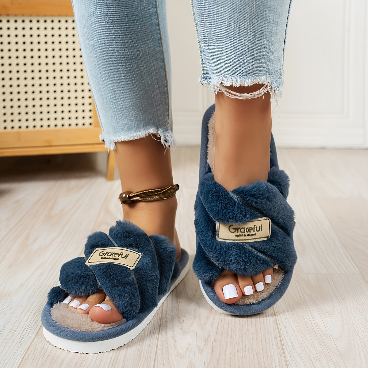Women'S Minimalist Stylish Indoor Home Comfortable Silent Warm Soft-Soled Open-Toe Slide Slippers