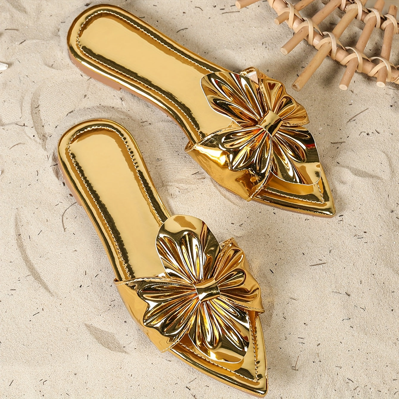 Women'S Golden Pointed Toe Mules with Bow Detail - Slip-On Flat Sandals, Synthetic Upper, TPR Sole, All-Season Comfort Shoes, Fashionable Footwear|Elegant Footwear|Synthetic Sandals