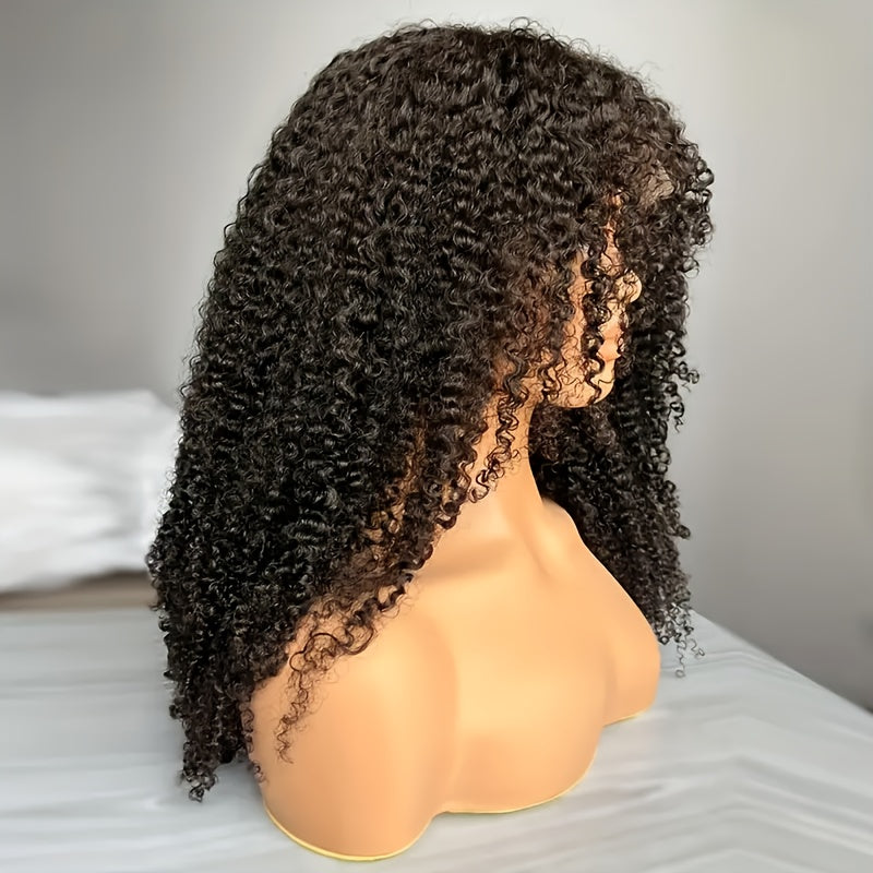 4x4 Lace Closure Kinky Curly 200% Density Human Hair Wigs, 22Inch, Transparent Lace, PrePlucked, No Shedding, Brazilian Hair, Small Knots, Unisex Adult, Deep Curly, With Curtain Bangs, Ready To Wear