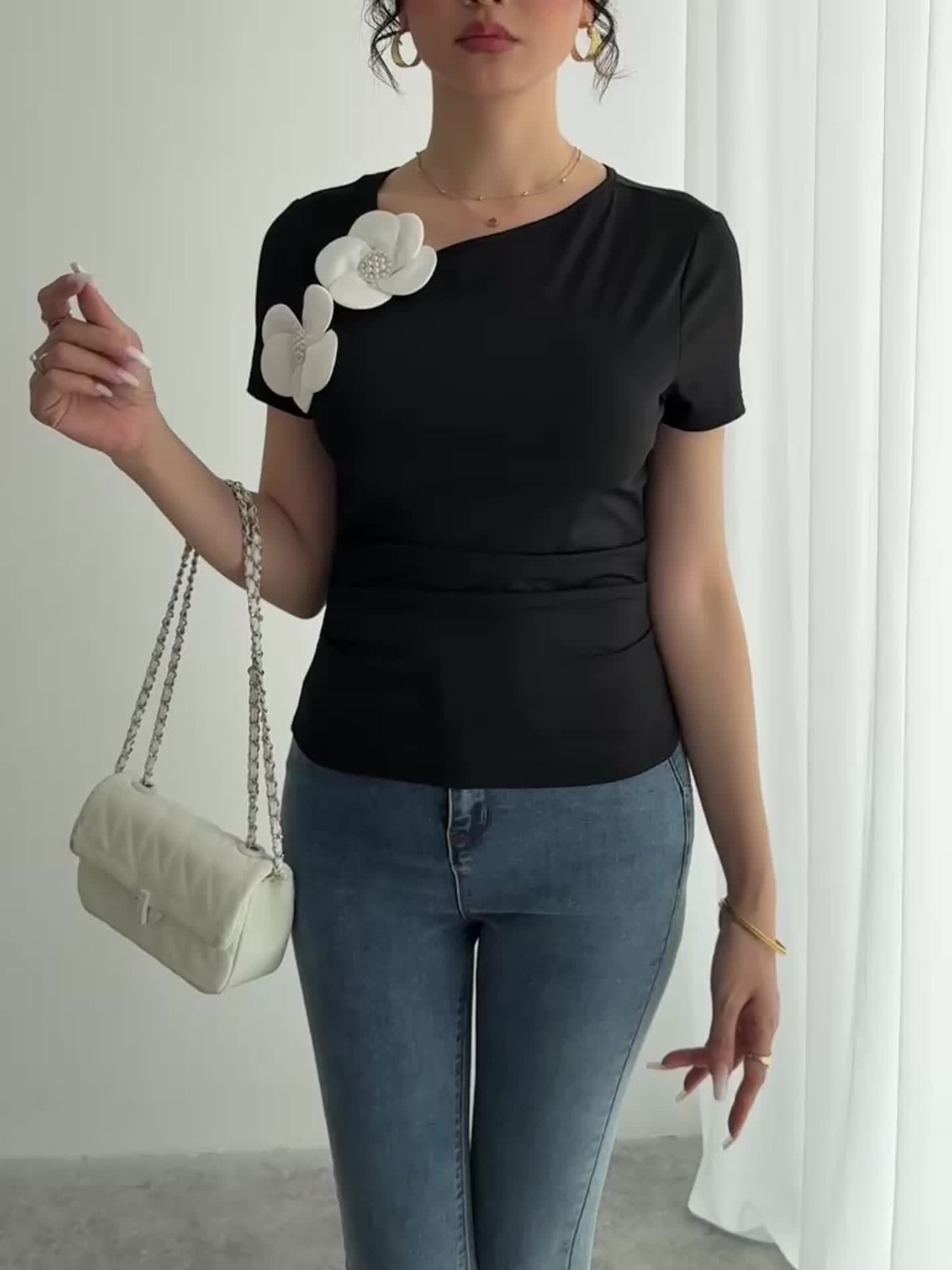 Women's Elegant 3D Floral Applique Knit Top - 100% Polyester, Medium Stretch, All-Season Versatile Black Shirt for Casual & Formal Outfits, Floral Print Blouse