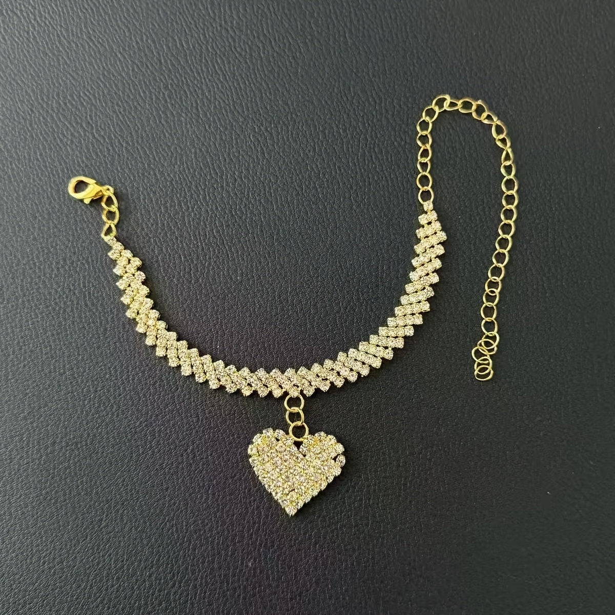 2pcs Elegant Rhinestone Heart Bracelet & Ankle Chain Set - Golden Tone, Sparkling Crystal Design, Perfect for Beach, Holiday, and Everyday Wear, Beach Accessories|Chic Accessory|Durable Bracelet, Beach Bracelet