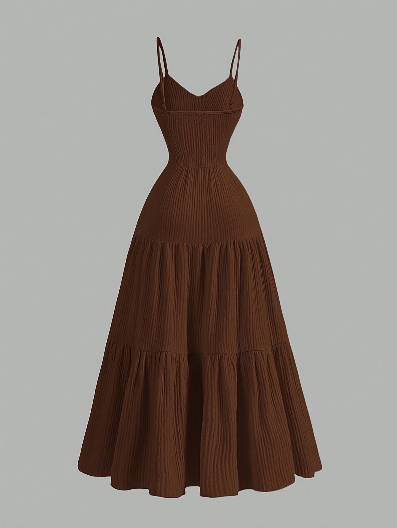 Elegant Apricot Sleeveless V-Neck Midi Dress with Ruffled Waist & Layered Tiered Skirt - Polyester, Machine Washable, All-Season Women’s Fashion