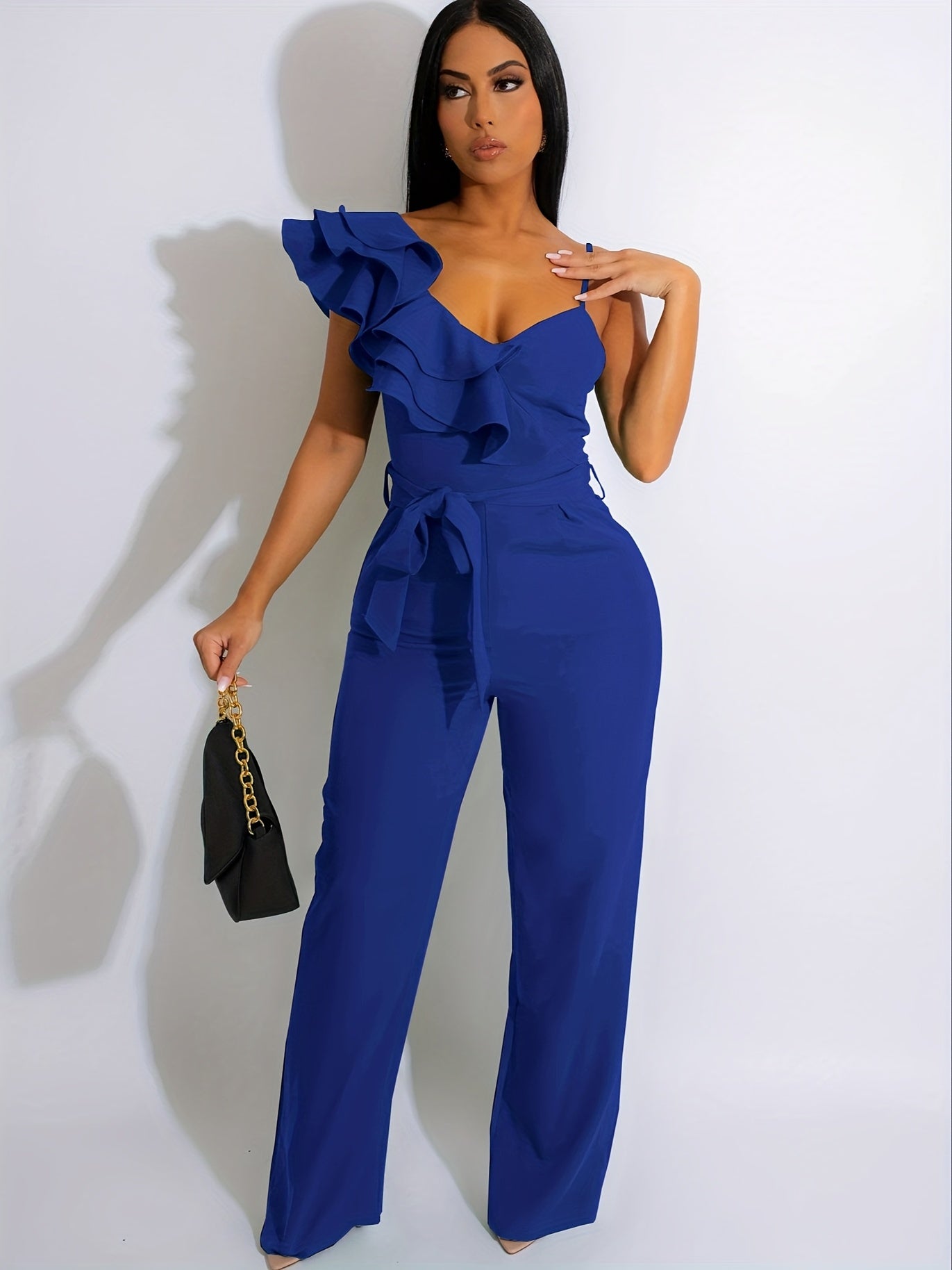 Womens Casual One Piece Jumpsuits V-Neck Sleeveless Ruffle Elegant Romper Wide Leg Pant Sexy Party Clubwear Overalls