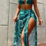 Three-Piece Tie-Dye Swimsuit - Triangle Top, High Cut Bottoms, Cover-Up Skirt Bikini Set for Women
