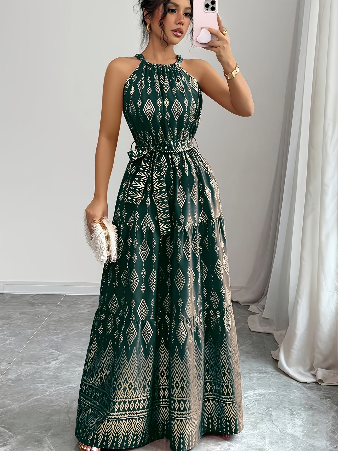 Women's Red Geometric Print Halter Neck Sleeveless A-Line Maxi Dress - Tie Waist, Vacation Style, Lightweight Polyester for Spring/Summer
