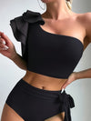 Asymmetric Ruffle Knot Side 2 Piece Set Bikini, One Shoulder Plain High Waisted Stretchy Swimsuits, Women's Swimwear & Clothing