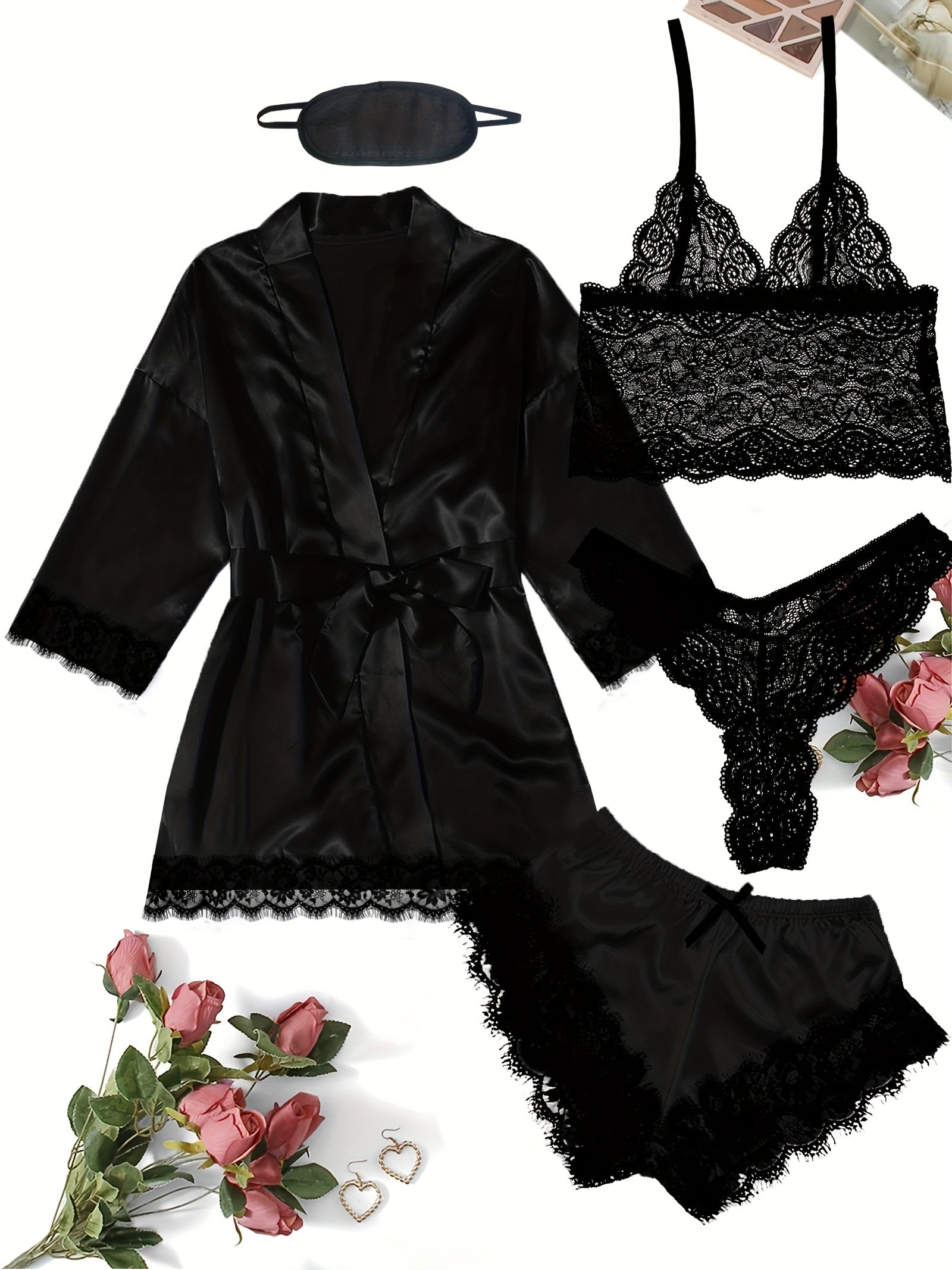 Women's Plus Sexy Lounge Set - Plus Size Satin Contrast Eyelash Lace Belted Nightgown & Camisole & Panty & Shorts With Free Eye Mask - For Women - Perfect for Lounging & Sleepwear - Ideal Gift for Her