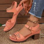 Stylish Women's Cut-Out Sandals - Soft Platform, Chunky Heel, Ankle Buckle Strap, Metallic Accent, Comfortable Walking Shoes for Casual Occasions