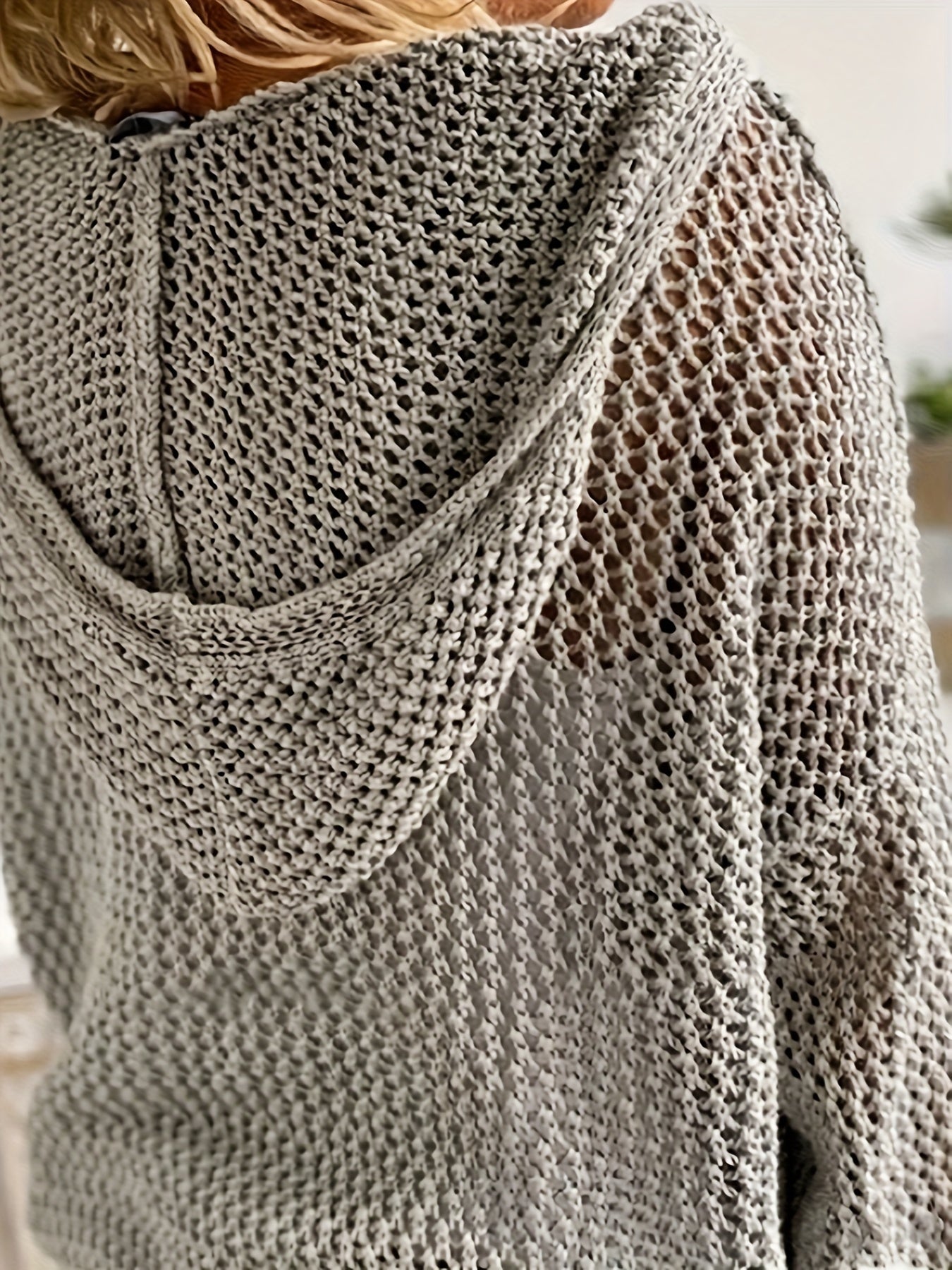 8623# Casual Loose-Fit Openwork Hooded Cardigan - Semi-Sheer Light Grey with Breathable Cut-Out Details, Medium Stretch for Spring Summer Fall Layering, Cardigan, Layering Piece, Hooded Neckline, Mediumstretch Fabric