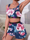 Floral Print Sports Set, U Neck Tank Top & Elastic Waistband Shorts, Women's Clothing