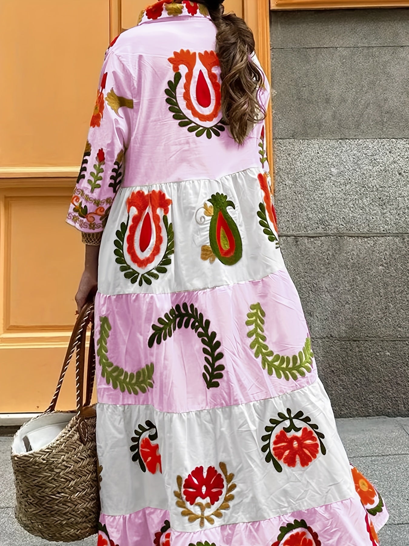Women'S Elegant Floral Print Maxi Dress with Layered Ruffle Detail - Loose Fit, Long Sleeve, Button-Up Shirt Dress for Spring and Fall, Casual Attire|Floral Print Dress|Layered Ruffle Detail