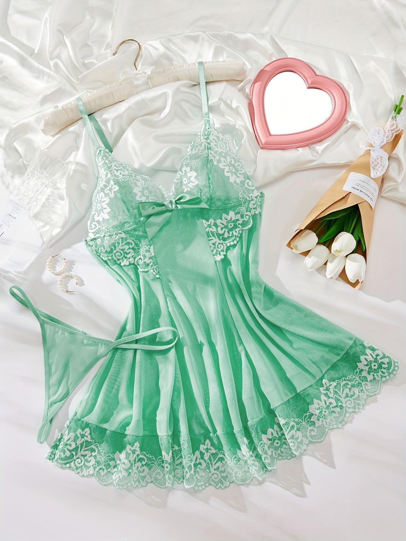 Sexy Hollow Out Mint Green Lace Babydoll Lingerie Matching G-String Panties Included Flowy Silhouette With Lace Accents Adjustable Straps For Comfort