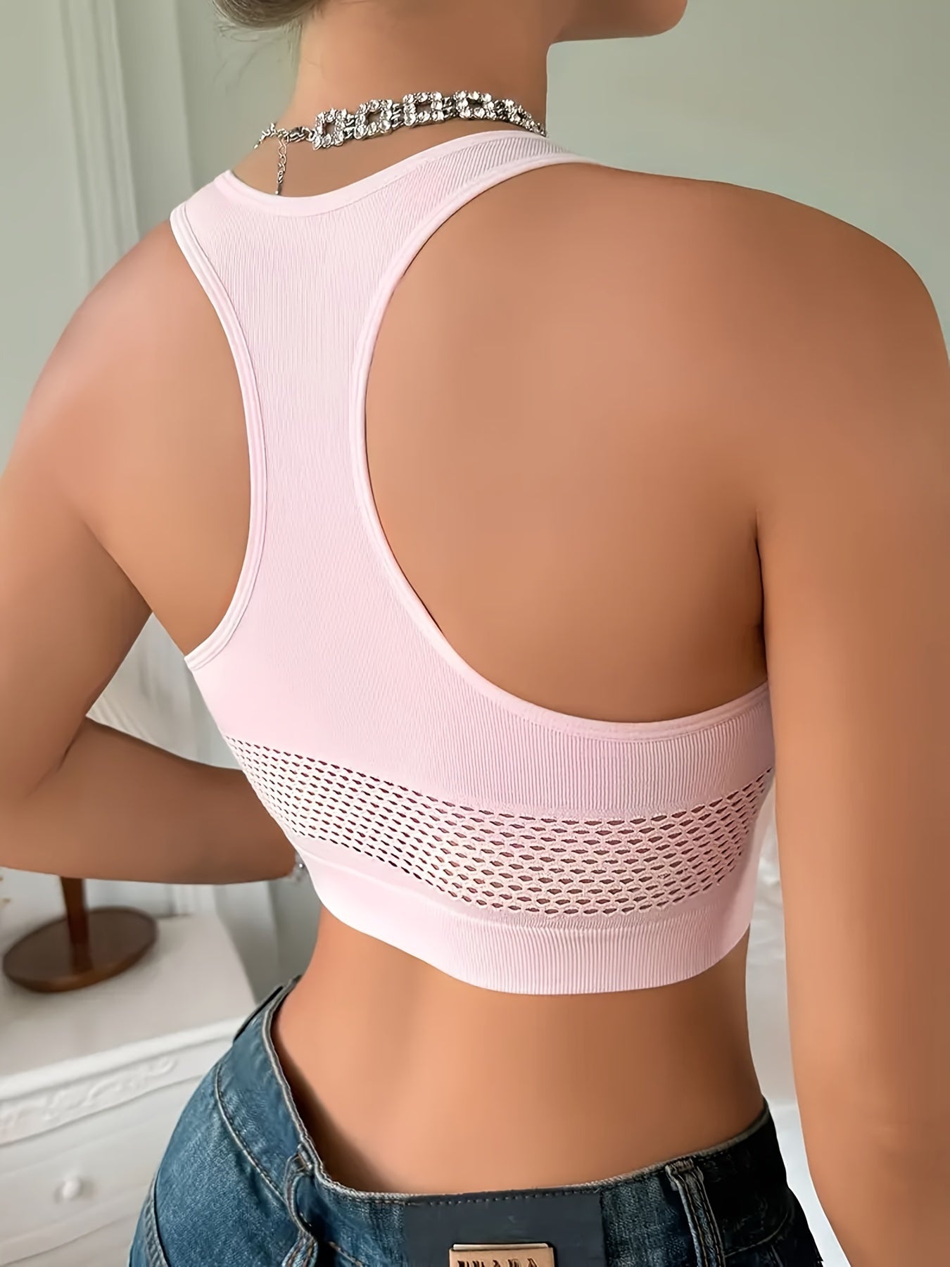 Mesh Contrast Racer Back Hollow Out Crop Top, Casual Crew Neck Sleeveless Cropped Tank Top, Women's Lingerie & Underwear