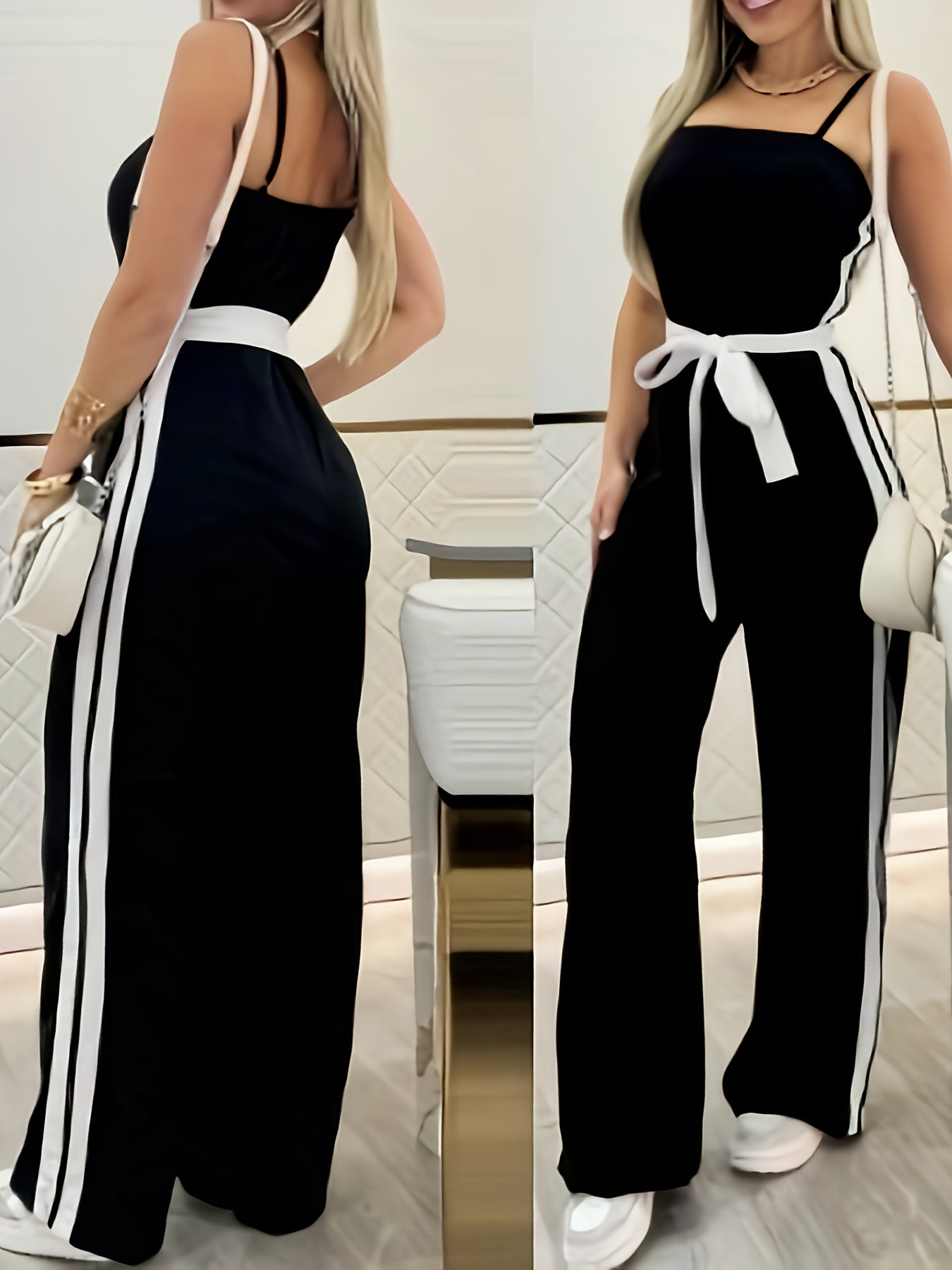 Women's Sleeveless Striped Jumpsuit with Tie-Waist & Contrast Trim - Casual Wide-Leg Italian Style Sportswear, Black & White Stripes, Polyester, Machine Washable, Summer Chic, Ladies Jumpsuits