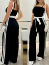 Women's Sleeveless Striped Jumpsuit with Tie-Waist & Contrast Trim - Casual Wide-Leg Italian Style Sportswear, Black & White Stripes, Polyester, Machine Washable, Summer Chic, Ladies Jumpsuits