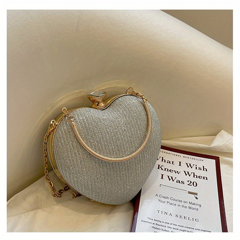 Ladies Fashion Shining Chain Crossbody Bag, Elegant Shoulder Heart Shaped, Metal Embellished, Black, with Buckle Closure, for Party, Wedding, Date