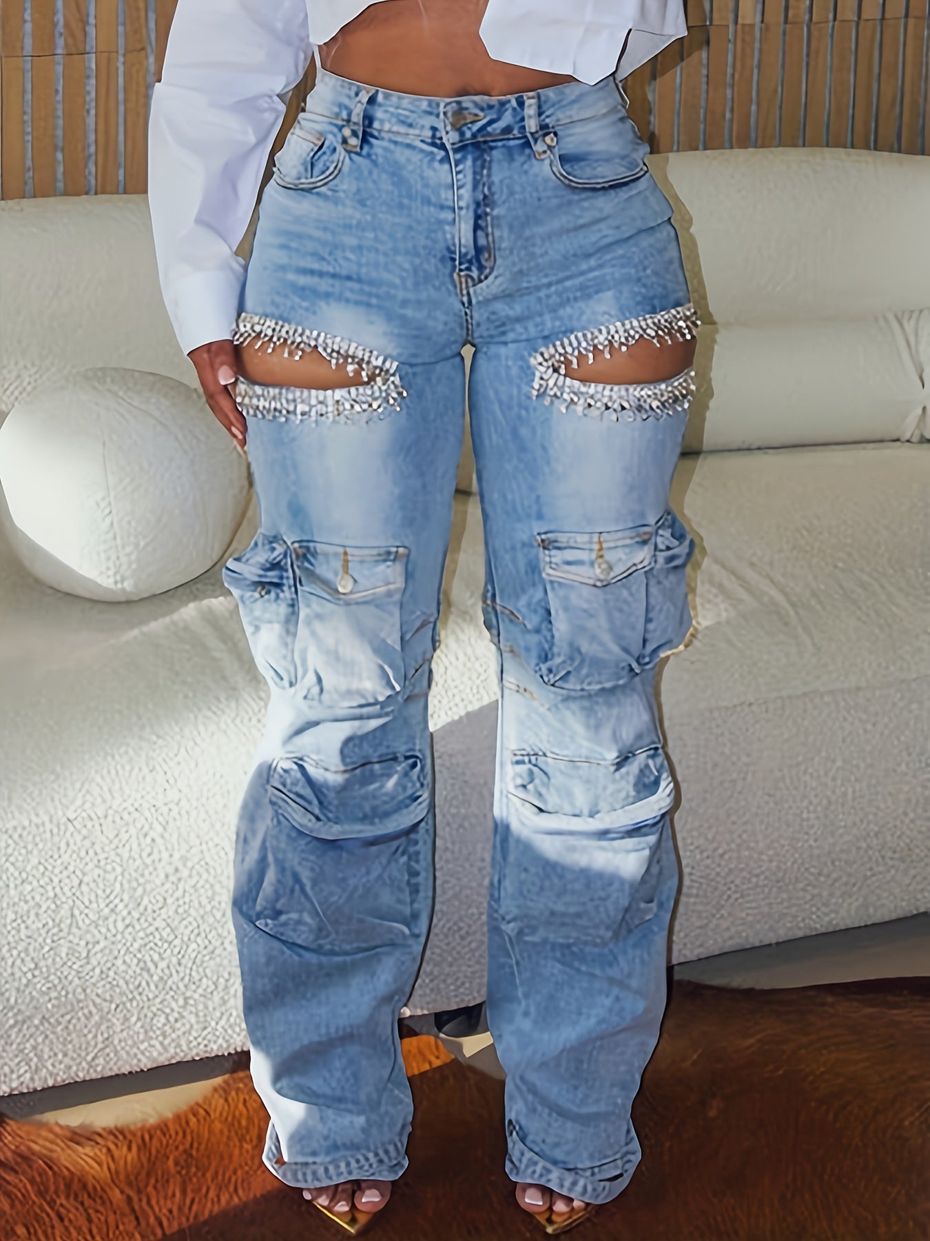 Women's Rhinestone-Embellished High-Rise Stretch Cargo Jeans with Cut-Out Details & Multiple Utility Pockets - Edgy Sexy Casual Denim Pants for Festivals, Parties, Weekend Outings (Spring/Summer/Fall), Party Jeans | Utility J
